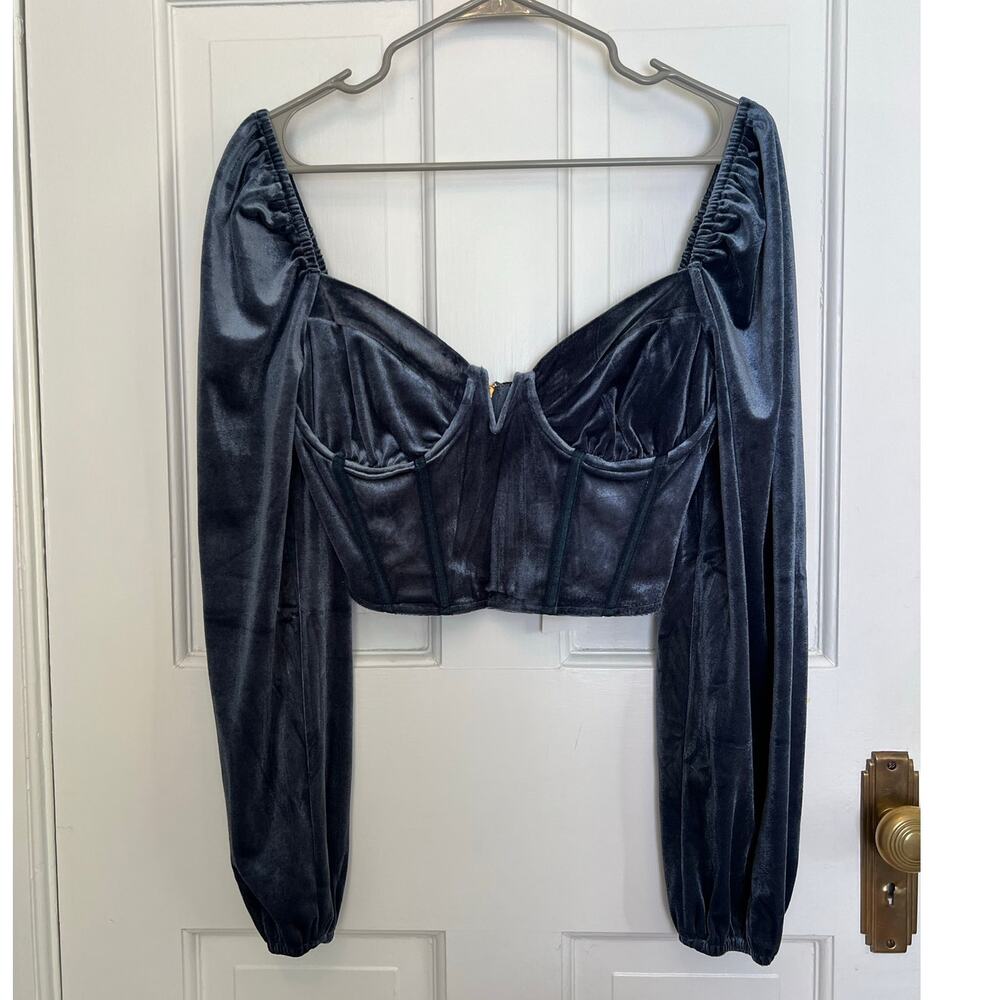 NEW Lush Blue Velvet Corset Top Crop Blouse Ballon Sleeves Sweetheart Neck Wom S